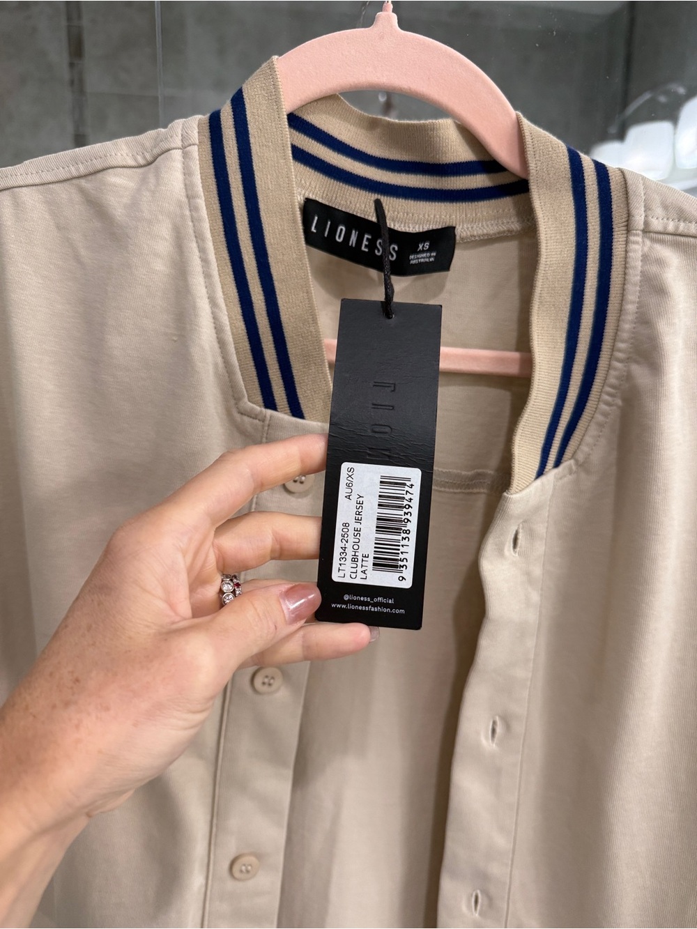 Lioness Beige Button-Front Shirt with Navy Stripe Collar - XS (New with Tags)